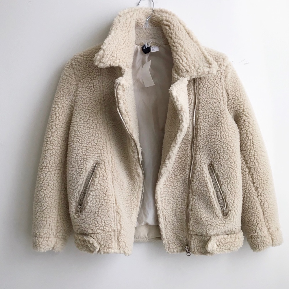 H&M Beige Sherpa Pile Teddy Faux Biker Coat